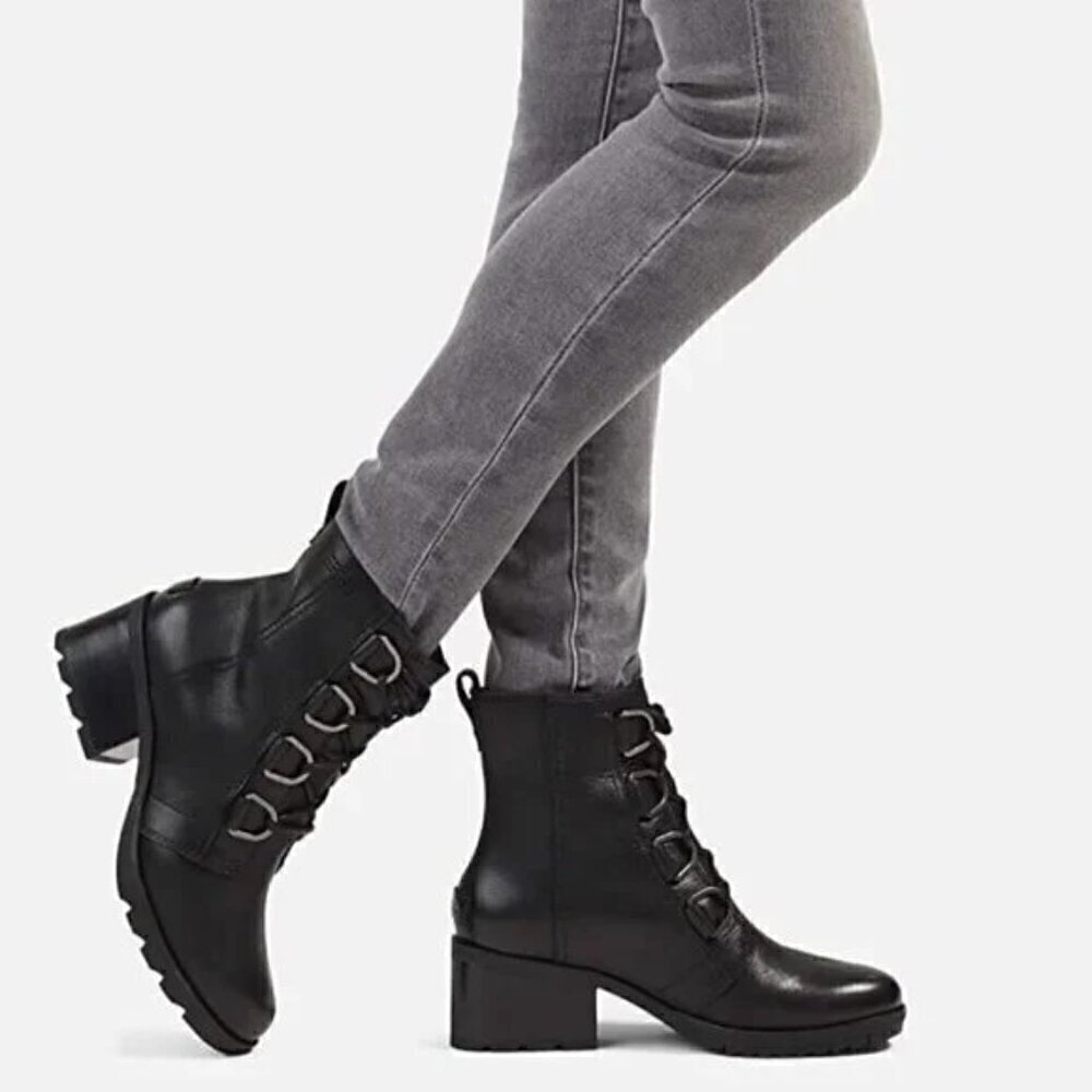 Sorel Cate Lace Up Lug Sole Moto Boots Biker Motorcycle Goth Punk in Black 8.5